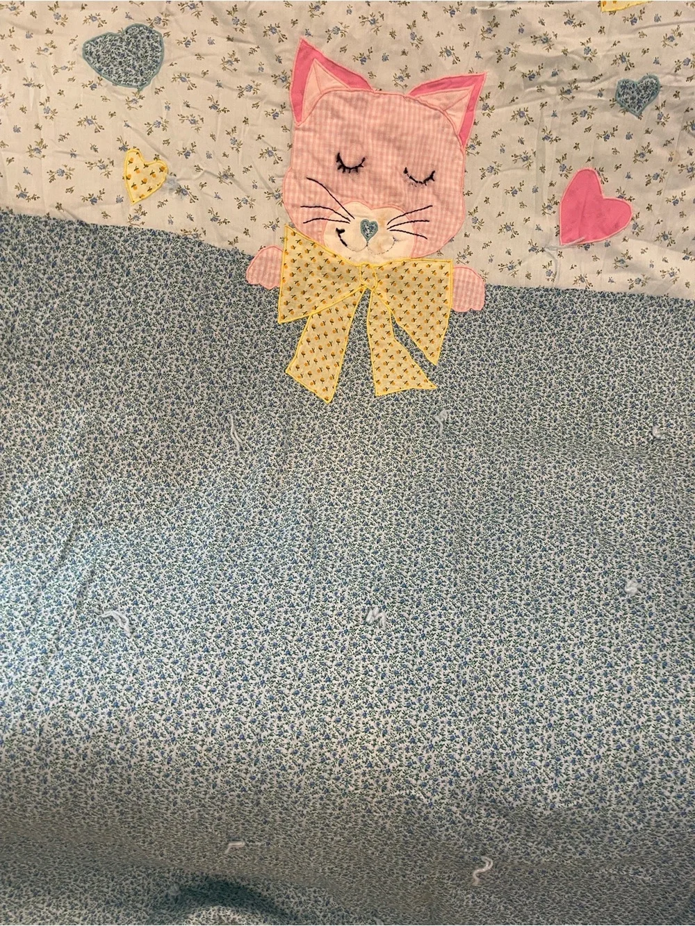 Children's Kitty‎ Appliqué Quilt - Pink, Blue, Yellow 72x41